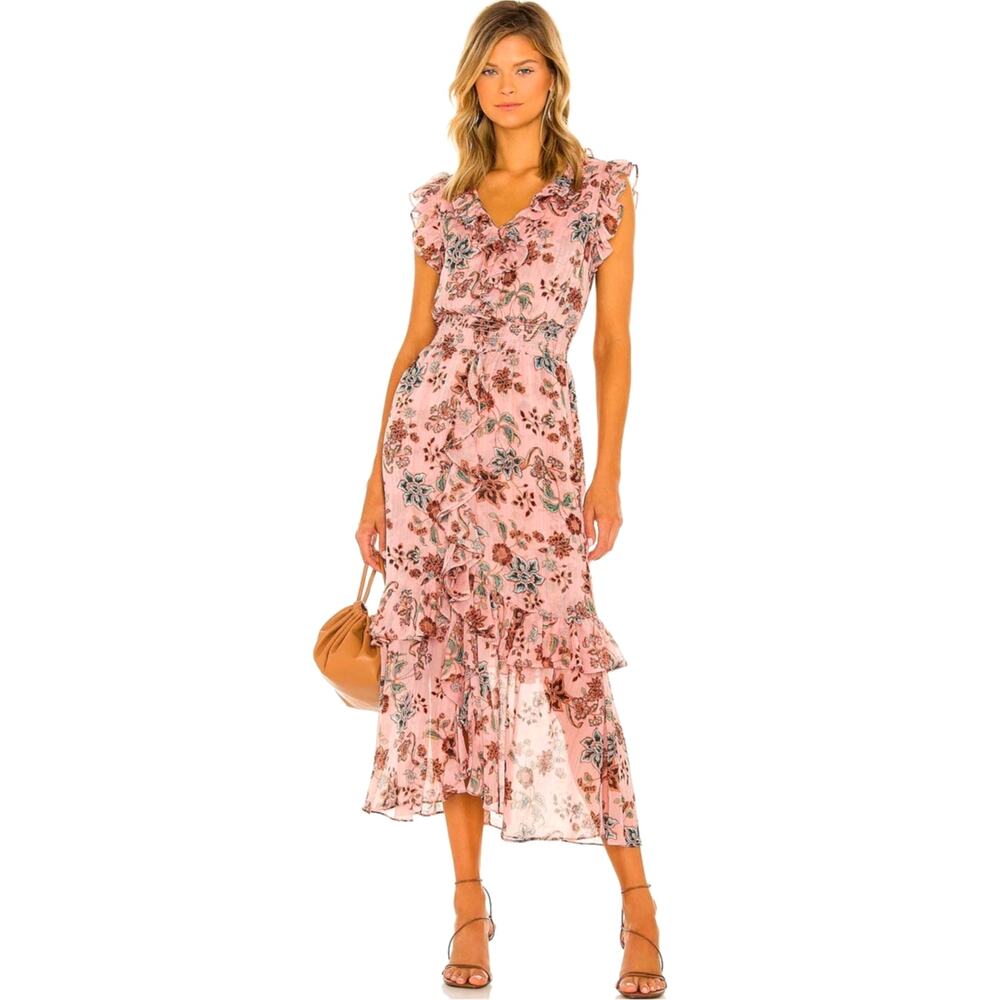 MISA‎ Los Angeles Kidada Dress Choco Rose Floral Ruffle Smocked Midi Metallic XS